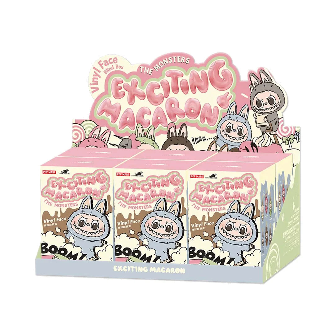 Labubu Exciting Macaron sealed display box with 6 blind boxes – official Pop Mart designer toy – front packaging view